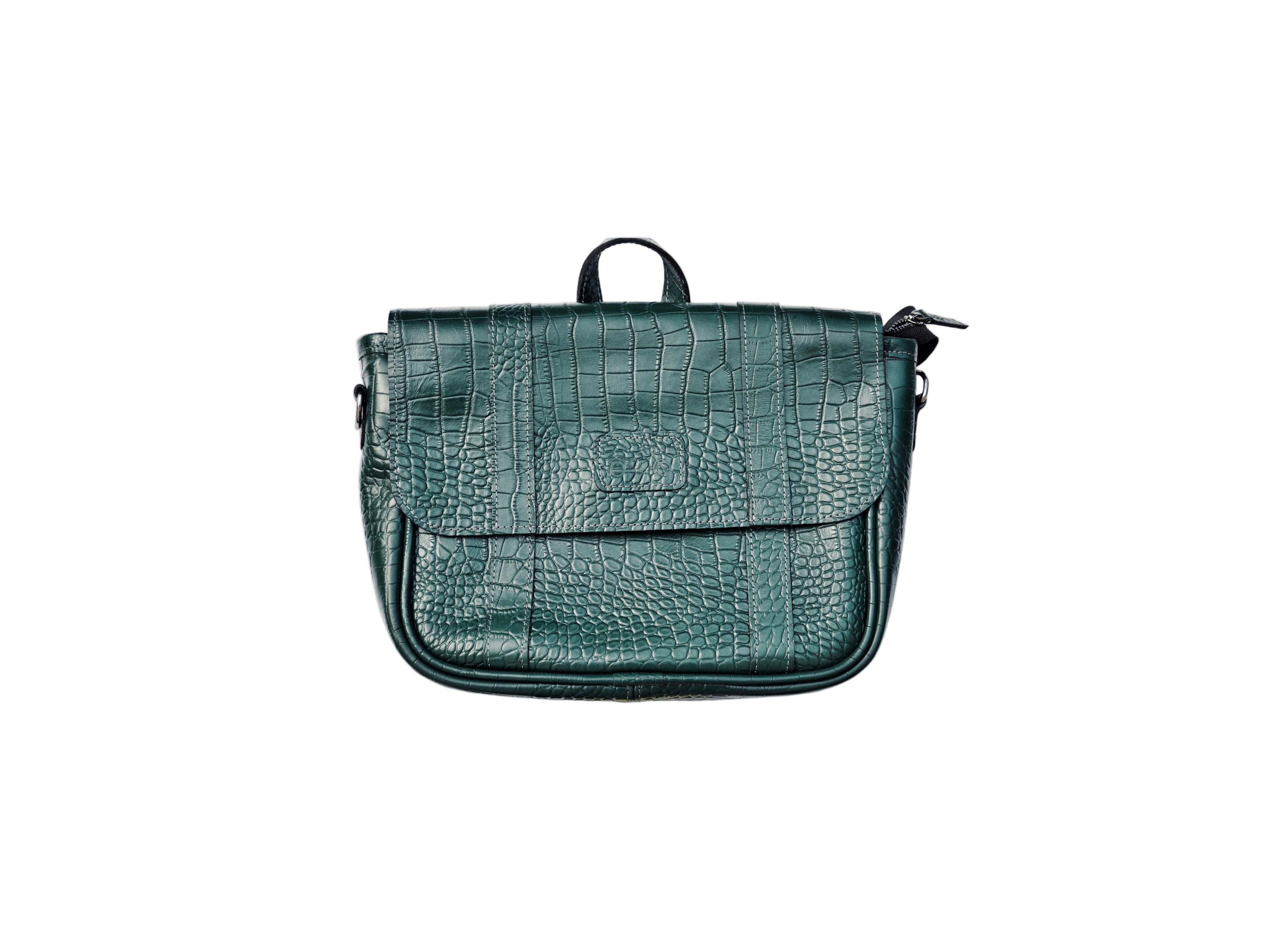 Green crocodile-patterned handbag on a white background